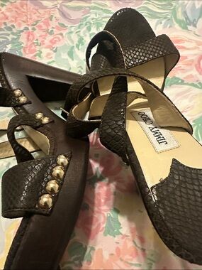 Jimmy Choo Dark Brown Snakeskin-Texture Platform Sandals with Gold Studs
